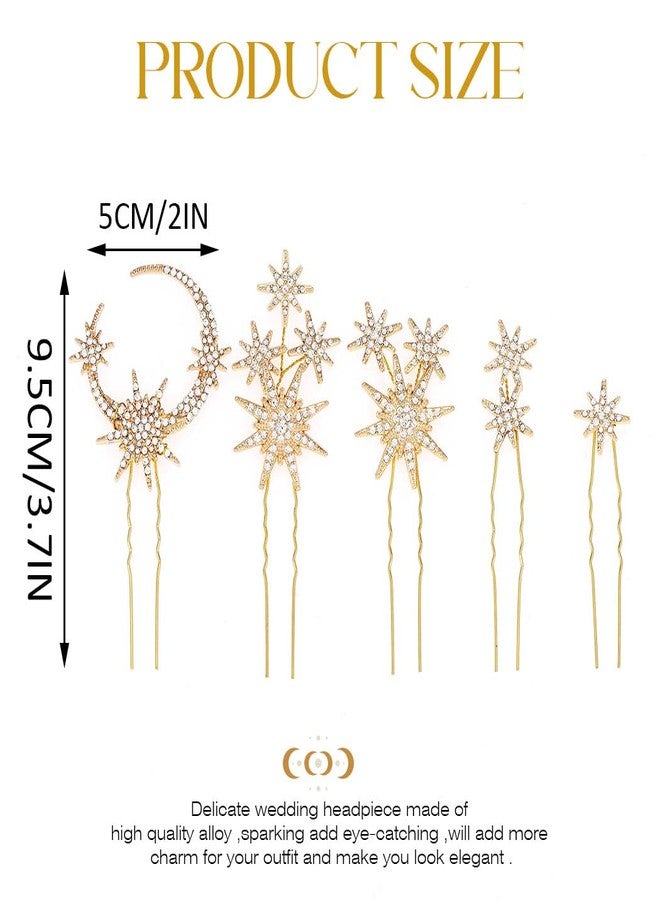 Unicra Star Moon Bride Wedding Hair Pins Crystal Bridal Hair Pieces Rhinestone Goddess Hair Accessories for Women and Girls (Pack of 5) (Gold) - Image 2